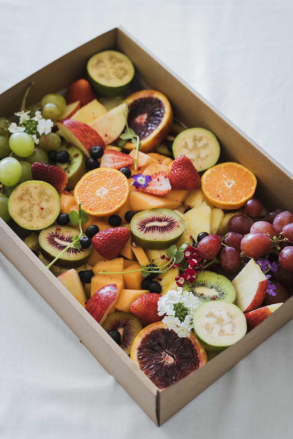 Catered fruit salad platter in box