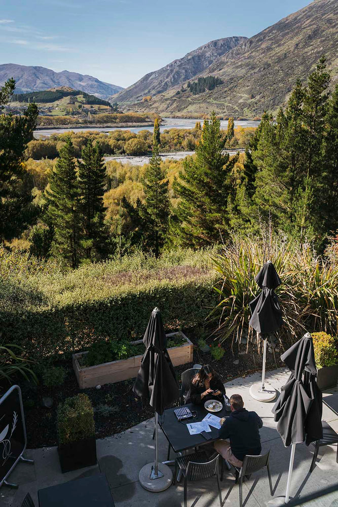 Beautiful view and people sitting in Arctic Kitchen cafe courtyard