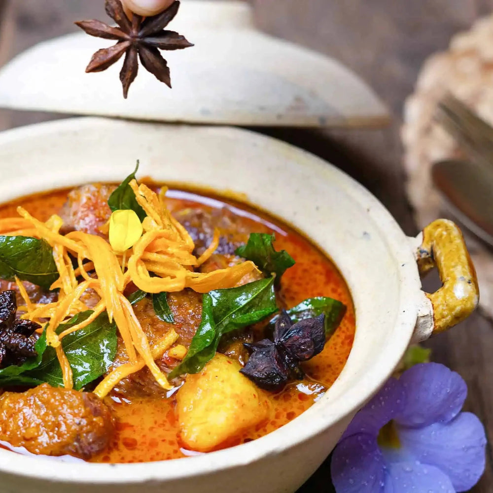Royal Cambodian coconut beef cheek curry with peanuts, kaffir lime & lemongrass.